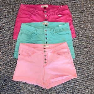 High Waisted Button Up Shorts Lot of 3: Pink, Light Coral, Blue/Turquoise